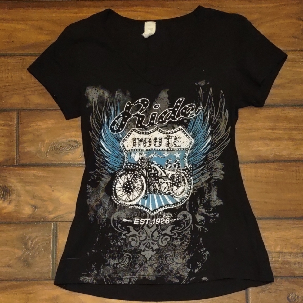 Black Graphic Motorcycle Super Bling Tee . Size L.